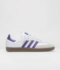 Adidas Samba ADV Shoes in Cloud White and Collegiate Purple / Gold Metallic