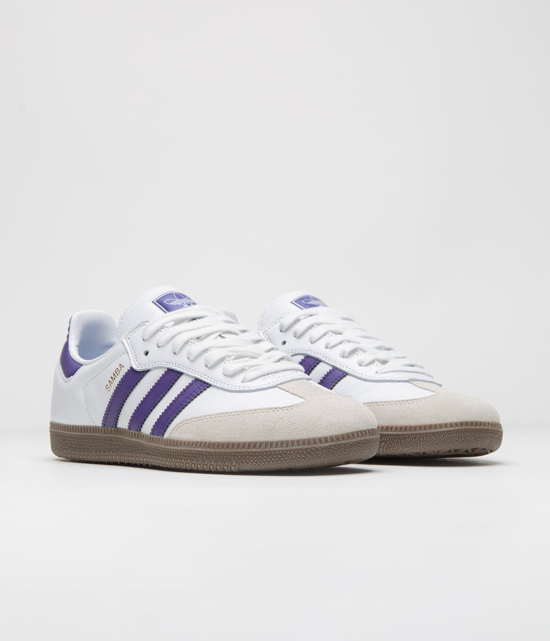 Adidas Samba ADV Shoes in Cloud White and Collegiate Purple / Gold Metallic