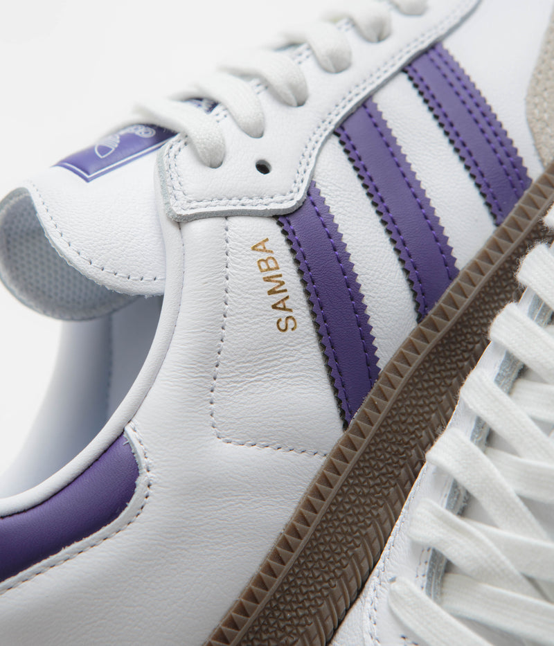 Adidas Samba ADV Shoes in Cloud White and Collegiate Purple / Gold Metallic
