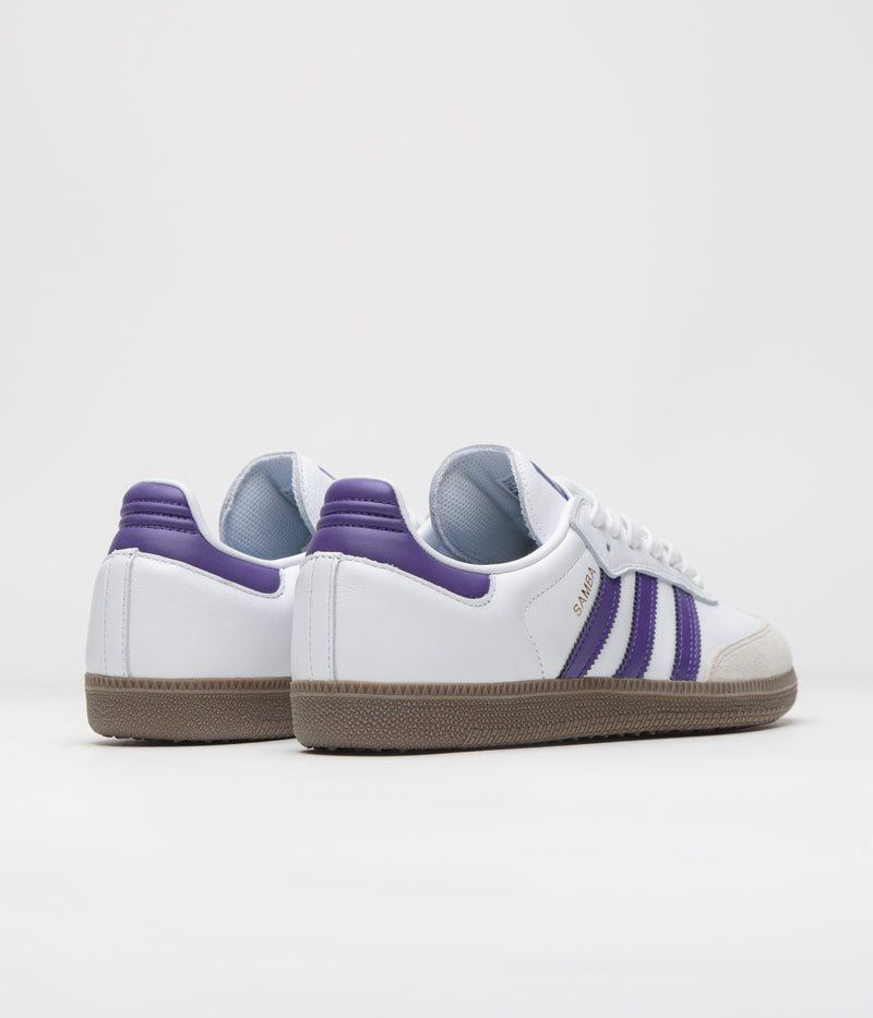 Adidas Samba ADV Shoes in Cloud White and Collegiate Purple / Gold Metallic