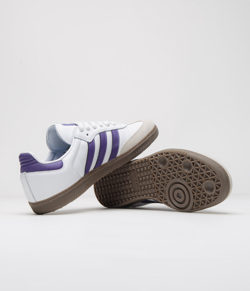 Adidas Samba ADV Shoes in Cloud White and Collegiate Purple / Gold Metallic