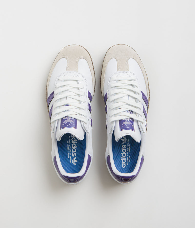 Adidas Samba ADV Shoes in Cloud White and Collegiate Purple / Gold Metallic