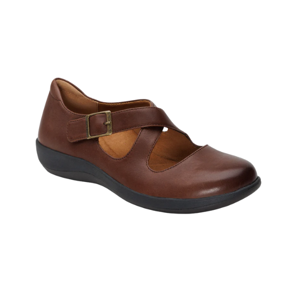 Brown leather shoe with a strap and buckle on a white background