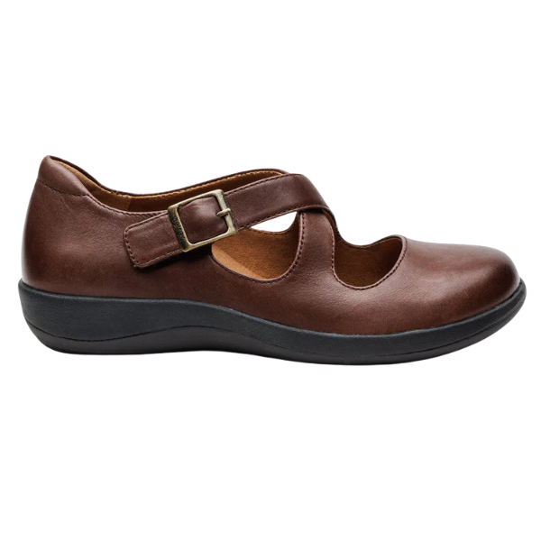 Brown shoe with a strap and buckle on a white background
