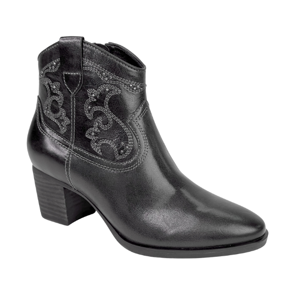 The Aetrex Women's Reagan Heel Boot Black by AETREX WORLDWide INC is a black leather ankle boot with a block heel, arch support, decorative side stitching, and a slightly pointed toe.
