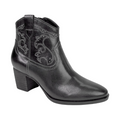 The Aetrex Women's Reagan Heel Boot Black by AETREX WORLDWide INC is a black leather ankle boot with a block heel, arch support, decorative side stitching, and a slightly pointed toe.