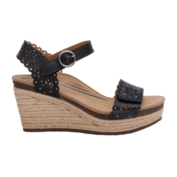 The Aetrex Women's Sydney Black Cutout by AETREX WORLDWide INC features perforated leather straps, an ankle buckle, a jute-wrapped wedge platform, and a cushioned footbed for comfort and arch support—a stylish sandal for a chic summer look.
