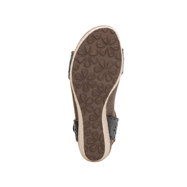 The image displays the sole of the Aetrex Women's Sydney Black Cutout sandal by AETREX WORLDWide INC, featuring a floral and circle textured pattern with a cork-like edge and visible black straps at the heel and toe for added comfort.