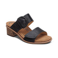 The Aetrex Women's Tatiana Black by AETREX WORLDWide INC features two wide leather straps, a round buckle, open-toe design, tan footbed, and a low stacked heel—delivering stylish comfort and foot pain relief all day.