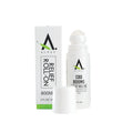 A white bottle of Aleaf Roll On 800MG by A LEAF, cap off, stands beside its box. Both display matching branding and product info, highlighting menthol for fast foot pain relief.