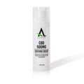 A white bottle labeled ALEAF SOOTHING CREAM 500MG by A Leaf, with a pump top and black and green design, stands upright on a plain white background.