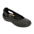 The Arcopedico Womens Jasmund Black is a vegan, closed-toe ballerina flat featuring a low heel, cut-out heel section, Twin Arch Support, and a supportive back strap for enhanced comfort.