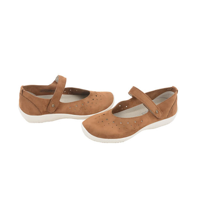 A pair of ARCOPEDICO Womens Sisley Brown shoes with perforated details, white soles, and an adjustable hook-and-loop strap is displayed on a white background.