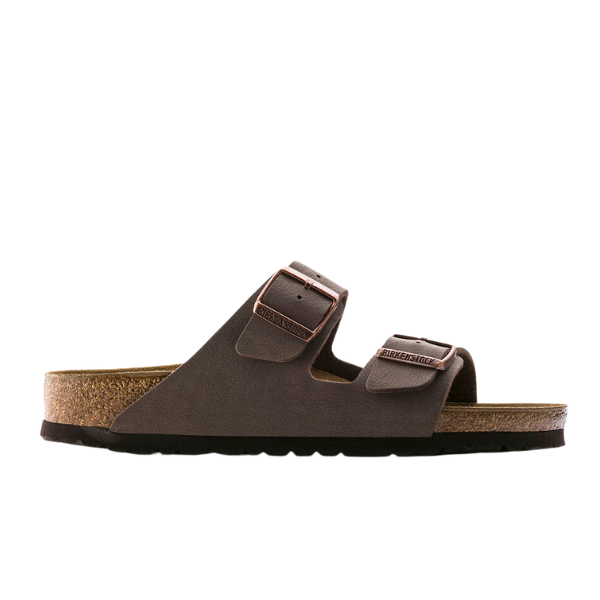 The BIRKENSTOCK Mens Arizona sandal (Regular Width) in Mocha features adjustable two-strap buckles and a soft footbed, shown from the side on a white background.