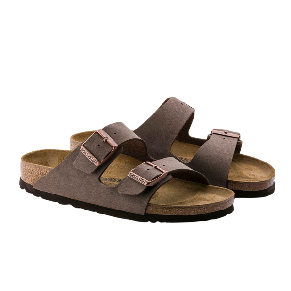 The BIRKENSTOCK Mens Arizona (Regular Width) Mocha sandals feature an adjustable two-strap design, soft footbed, metal buckles, brown cork soles, black outsoles, all shown against a white background.