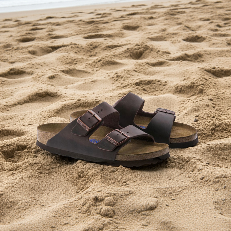 A pair of BIRKENSTOCK Mens Arizona Soft Footbed Oiled Leather Habana sandals, with two buckle straps, rests on sandy beach near the shoreline, ocean visible in the background.