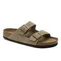 A single Birkenstock Mens Arizona Soft Footbed Taupe Suede sandal with two adjustable buckle straps, soft cork footbed, and black rubber sole is shown from an angle against a white background.
