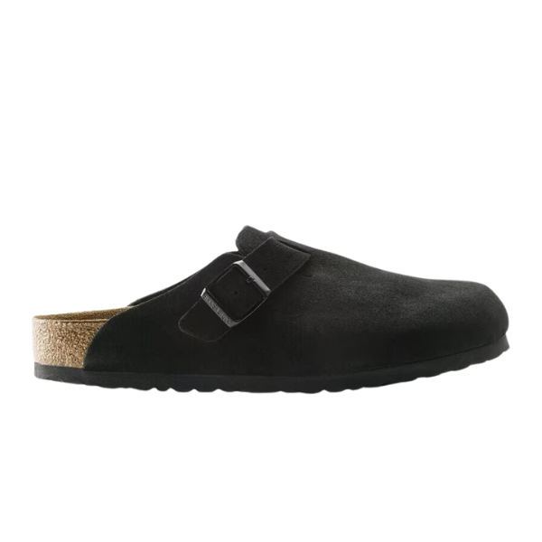 Step into comfort and timeless style with the BIRKENSTOCK Mens Boston Soft Footbed Black—an open-heel suede clog featuring a cushioned footbed, cork sole, and single buckle strap.