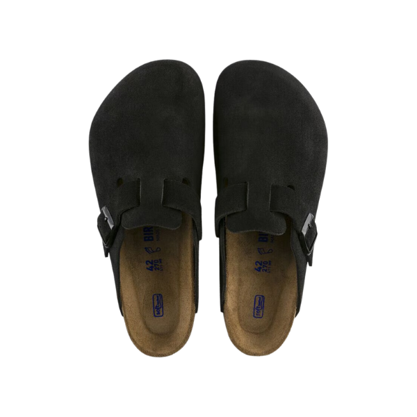 A pair of BIRKENSTOCK Mens Boston Soft Footbed Black clogs, featuring adjustable side buckles and tan footbeds, shown from above on a white background.