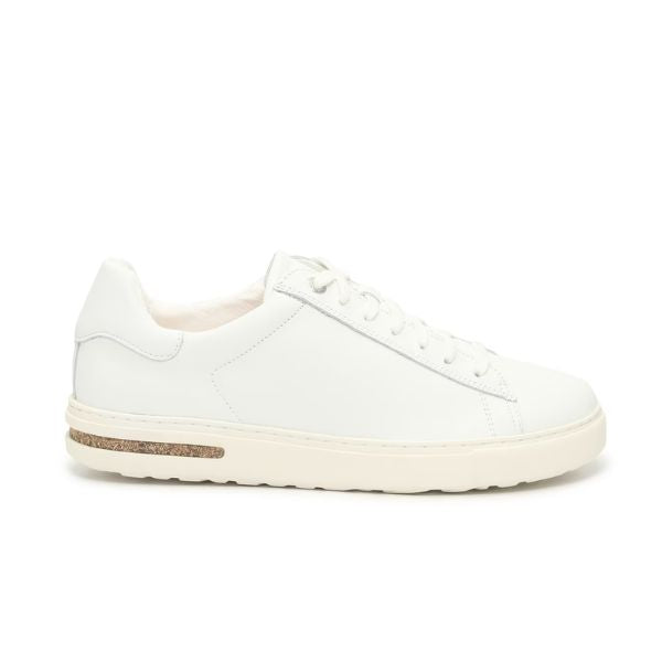 The BIRKENSTOCK Womens Bend White Leather is a minimalist white low-top sneaker with white laces, a thick off-white sole, brown heel accent, and a contoured footbed for all-day comfort.