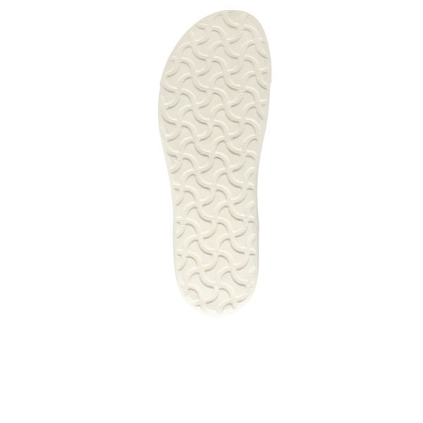 The sole of the Birkenstock Womens Bend White Leather shoe by BIRKENSTOCK is shown from below, displaying its wavy interlocking tread for enhanced support, set against a plain white background.