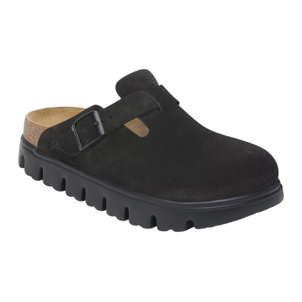The Birkenstock Women's Boston Chunky Black is a suede platform clog with a thick, ridged sole, adjustable side buckle, and contoured cork footbed in the classic BIRKENSTOCK Boston style.