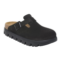 The Birkenstock Women's Boston Chunky Black is a suede platform clog with a thick, ridged sole, adjustable side buckle, and contoured cork footbed in the classic BIRKENSTOCK Boston style.