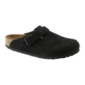 The BIRKENSTOCK Women's Boston Soft Footbed Black is a suede clog with a cork sole, soft footbed, and an adjustable buckle strap, inspired by the classic Birkenstock Boston design.