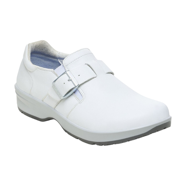 The Birkenstock Womens Caris Pro Leather White shoe by BIRKENSTOCK features a low heel, slip-resistant rubber sole, and side buckle strap, designed for comfort and support.