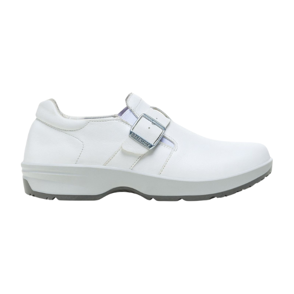 A BIRKENSTOCK Womens Caris Pro Leather White slip-on shoe with a silver buckle, grey slip-resistant outsole, and low heel is shown in side profile against a plain white background.