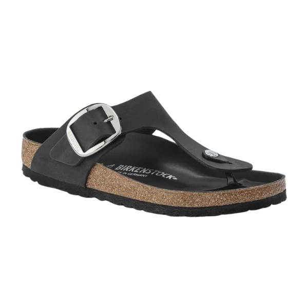 The BIRKENSTOCK Womens Gizeh Big Buckle Oiled Leather Black sandal features a large silver buckle, black oiled leather upper, cork footbed, black sole, and classic thong-style strap.