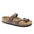 The BIRKENSTOCK Womens Mayari Birkibuc Mocha sandal features two adjustable straps with buckles, a comfortable cork footbed, and a black textured sole, shown against a white background.
