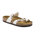A single BIRKENSTOCK Womens Mayari Birko-Flor Graceful White Pearl sandal with adjustable straps, buckles, contoured footbed, and black textured sole, photographed against a white background.