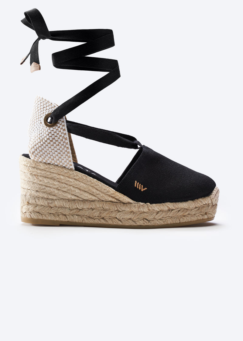Bisbe Black Canvas Lace Up Women Espadrille Wedge