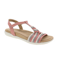 The BIZA FOOTWEAR Kate Brick Multi sandal features a tan sole, white outsole, pink and beige crisscross straps, open toe, ankle strap with snap button, and a memory foam footbed for all-day comfort.
