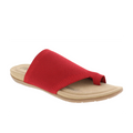 The Biza Womens Lavish Red by BIZA FOOTWEAR is a red, open-toe sandal with a stretch knit upper, beige sole, toe loop, and slightly raised heel for comfort.