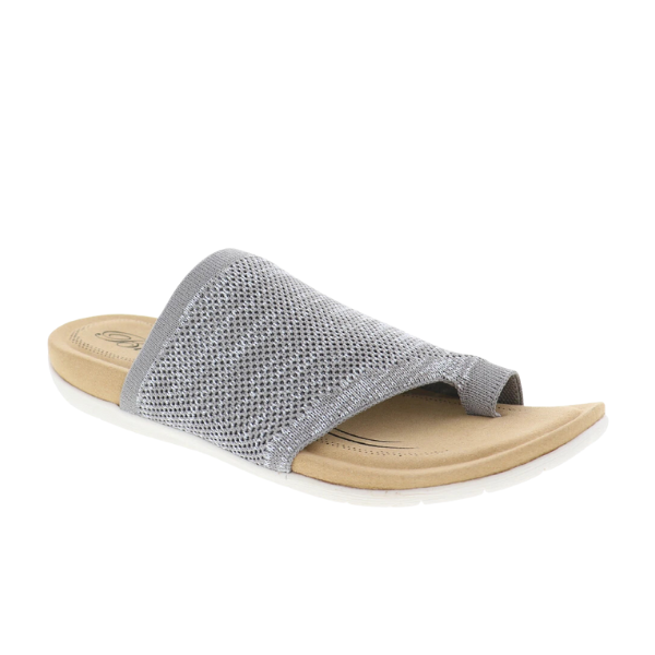 The Biza Womens Lavish Stone by BIZA FOOTWEAR is a stretch knit sandal with a gray textured mesh upper, beige sole, white bottom, and open toe design—ideal for travel or comfort for plantar fasciitis.