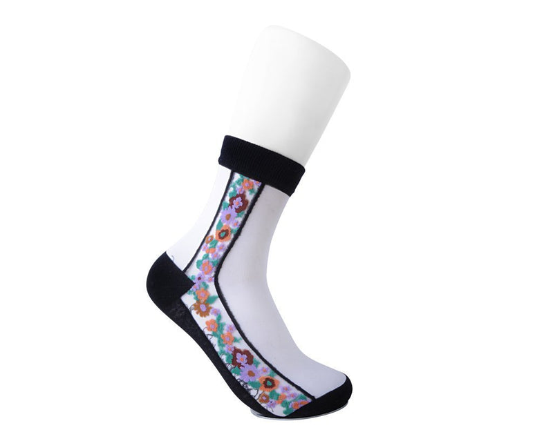 TSK1080 Black Stripe Floral Sheer Sock TSK1080-OS