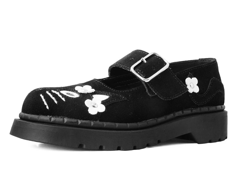 T2327 Black Suede Kitty Flower Mary Jane