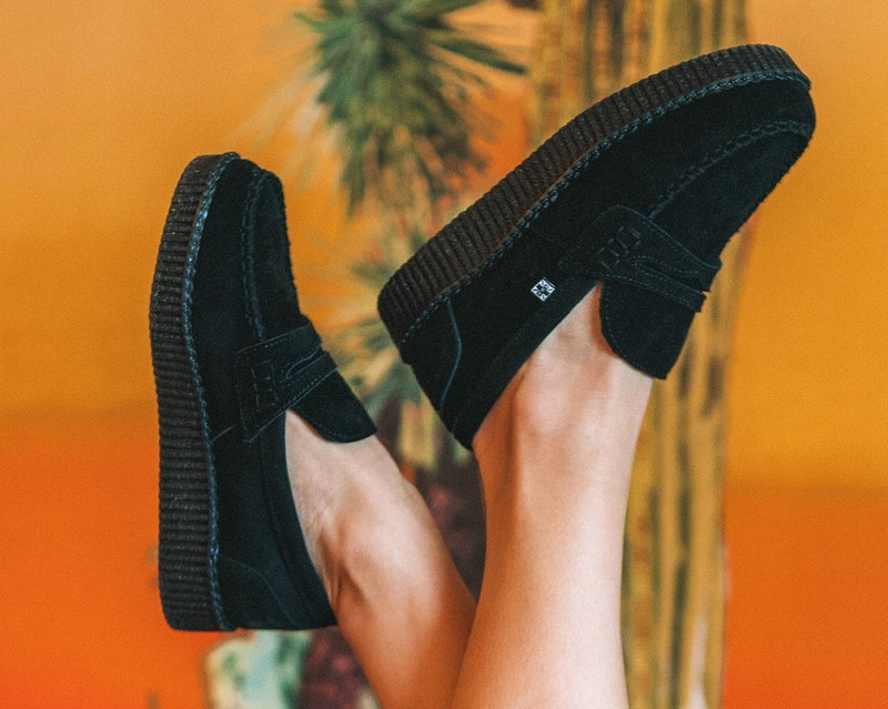 F9982 Black Suede Penny Loafer Viva Low Creeper