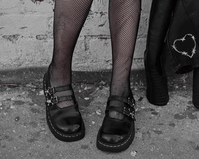 T2307 Black TUKskin™ 2-Skull Buckle Mary Jane