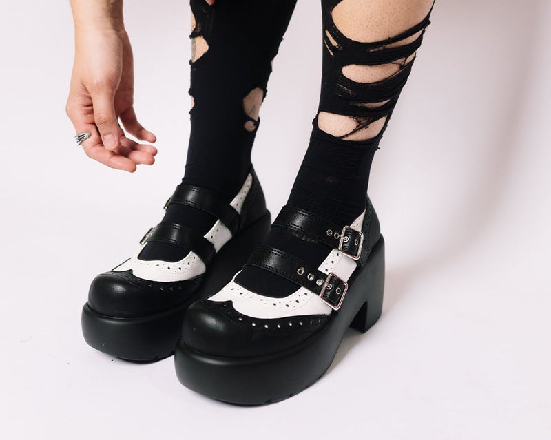 A3273L Black & White Brogue Bubble Mary Jane