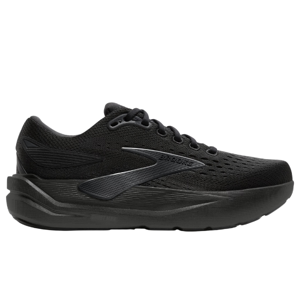 The BROOKS Men's Ghost Max 3 Wide Black/Ebony features a mesh upper, lace-up closure, and cushioned sole for comfort—ideal for plantar fasciitis. This black athletic shoe offers a modern look with a subtle dark logo.