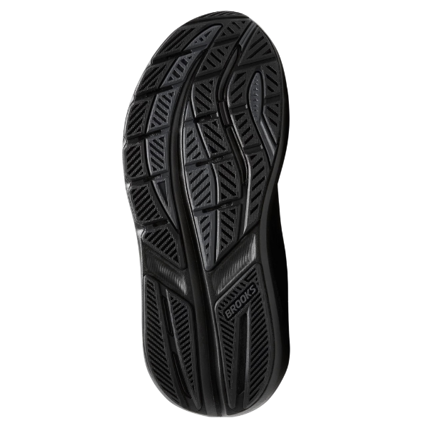 The Brooks Men's Ghost Max 3 Wide Black/Ebony features a black, textured outsole with geometric tread and "BROOKS" near the heel, designed for grip, flexibility, and support—ideal for men's wide running shoes and plantar fasciitis.