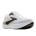 The BROOKS Men's Ghost Max 3 Wide White/Tea features a breathable mesh upper, black logo, thick white sole with black and yellow accents—designed for comfort and ideal support for plantar fasciitis.