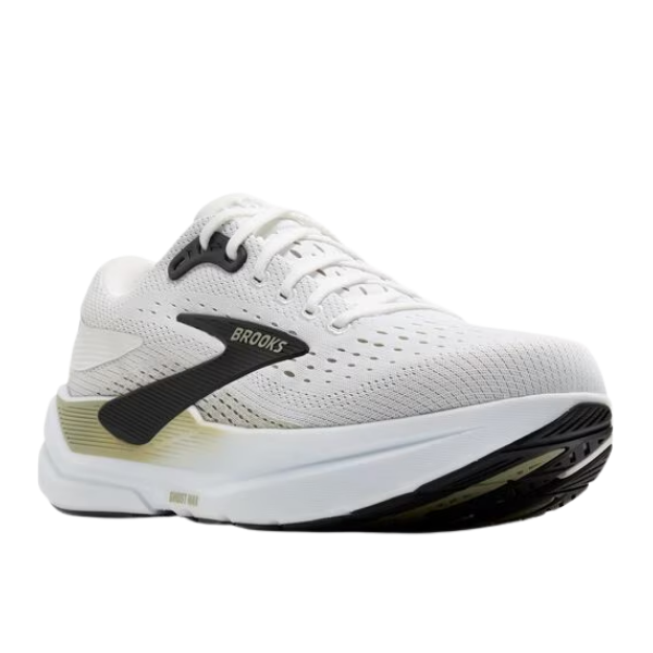 The BROOKS Men's Ghost Max 3 Wide White/Tea features a breathable mesh upper, black logo, thick white sole with black and yellow accents—designed for comfort and ideal support for plantar fasciitis.