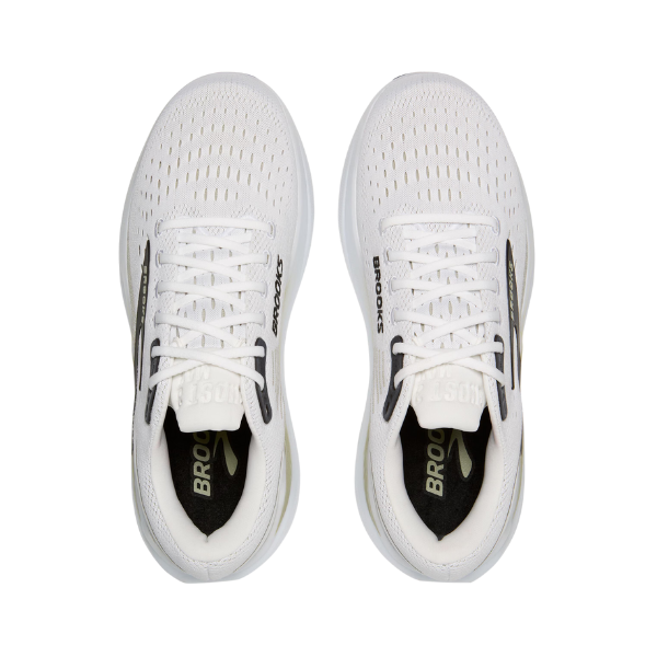 The BROOKS Men's Ghost Max 3 Wide in White/Tea features white laces, a mesh toe, and black interior padding—ideal for runners or those with plantar fasciitis. Shown from above, these shoes blend comfort and style.