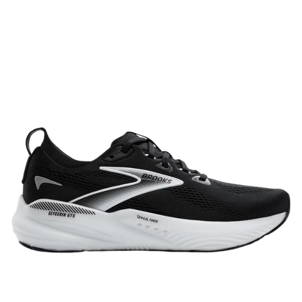 The BROOKS Mens Glycerin GTS 22 Wide in Black/White features plush cushioning, breathable mesh upper, GuideRails support for stability, heel pull tab, and signature branding.
