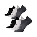 The BROOKS Unisex No Show 6-Pack in Grey/White/Black features six pairs of cushioned, breathable low-cut running socks, displayed in two rows on a white background.