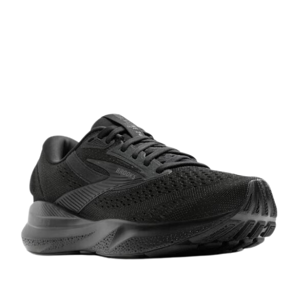 The BROOKS Womens Adrenaline GTS 24 Wide in Black/Black is an athletic running shoe with a mesh upper, cushioned sole, GuideRails® support, and lace-up closure—shown angled on a white background. Ideal for fans of Brooks performance footwear.